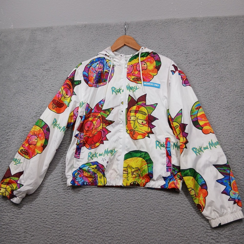 Rick and Morty‎ Members Only Men's M White Hooded Windbreaker Jacket Graphic